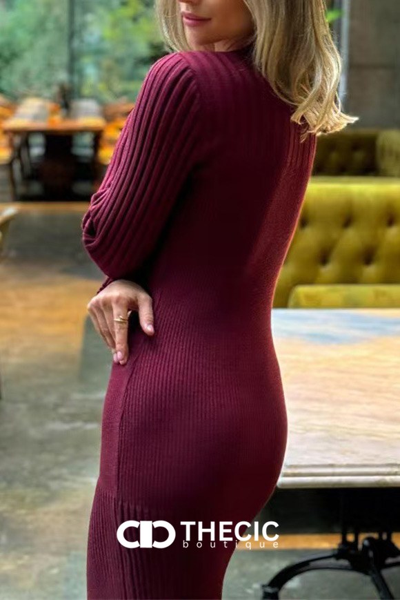 Ribbed Knit Long Sleeve Fitted Midi Dress