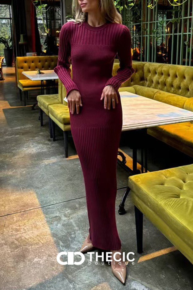 Ribbed Knit Long Sleeve Fitted Midi Dress