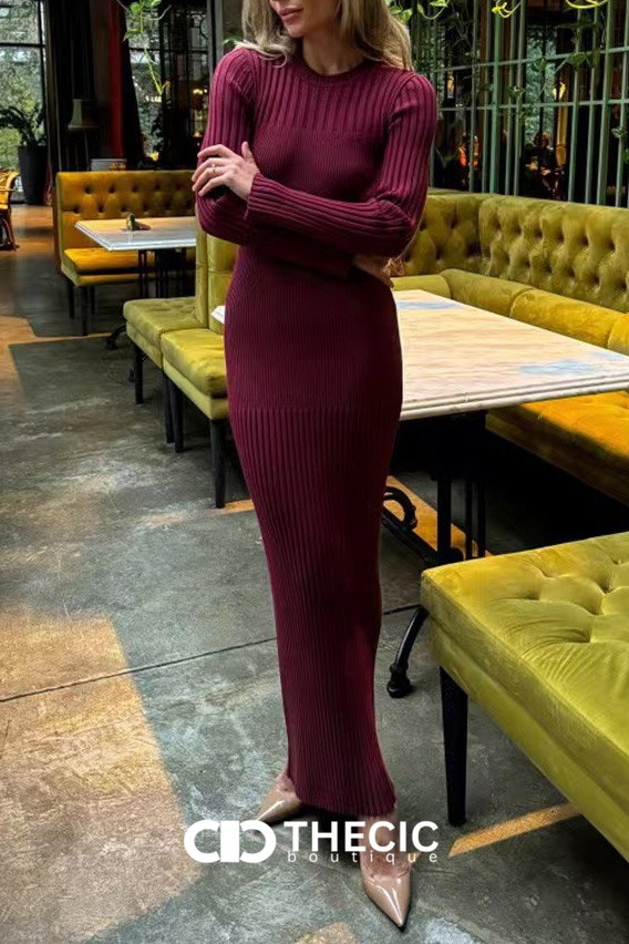 Ribbed Knit Long Sleeve Fitted Midi Dress