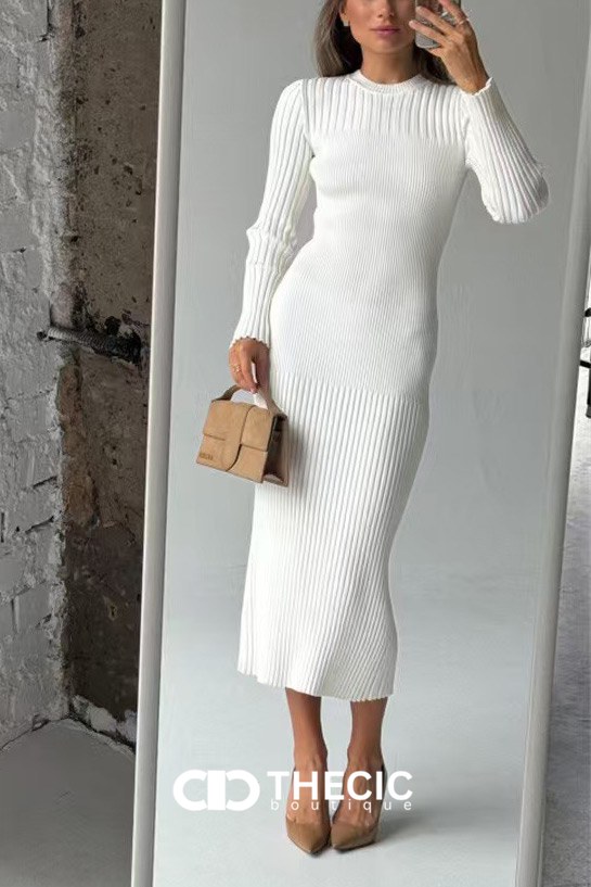 Ribbed Knit Long Sleeve Fitted Midi Dress