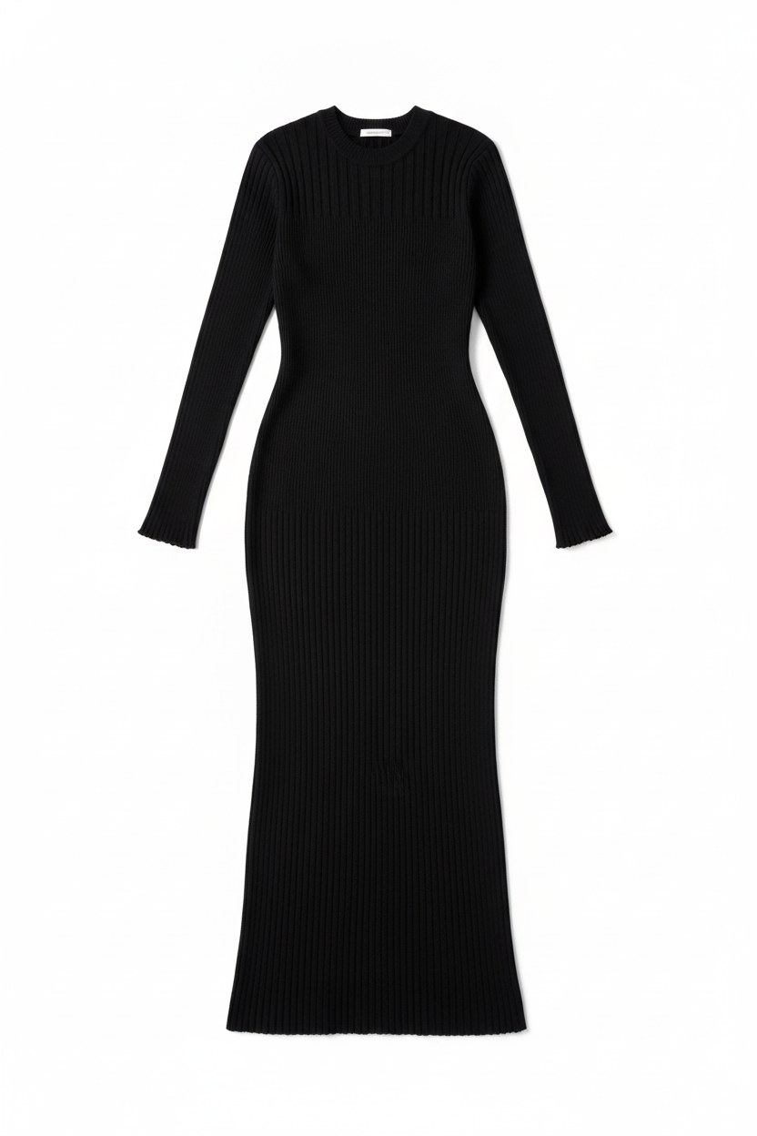 Ribbed Knit Long Sleeve Fitted Midi Dress