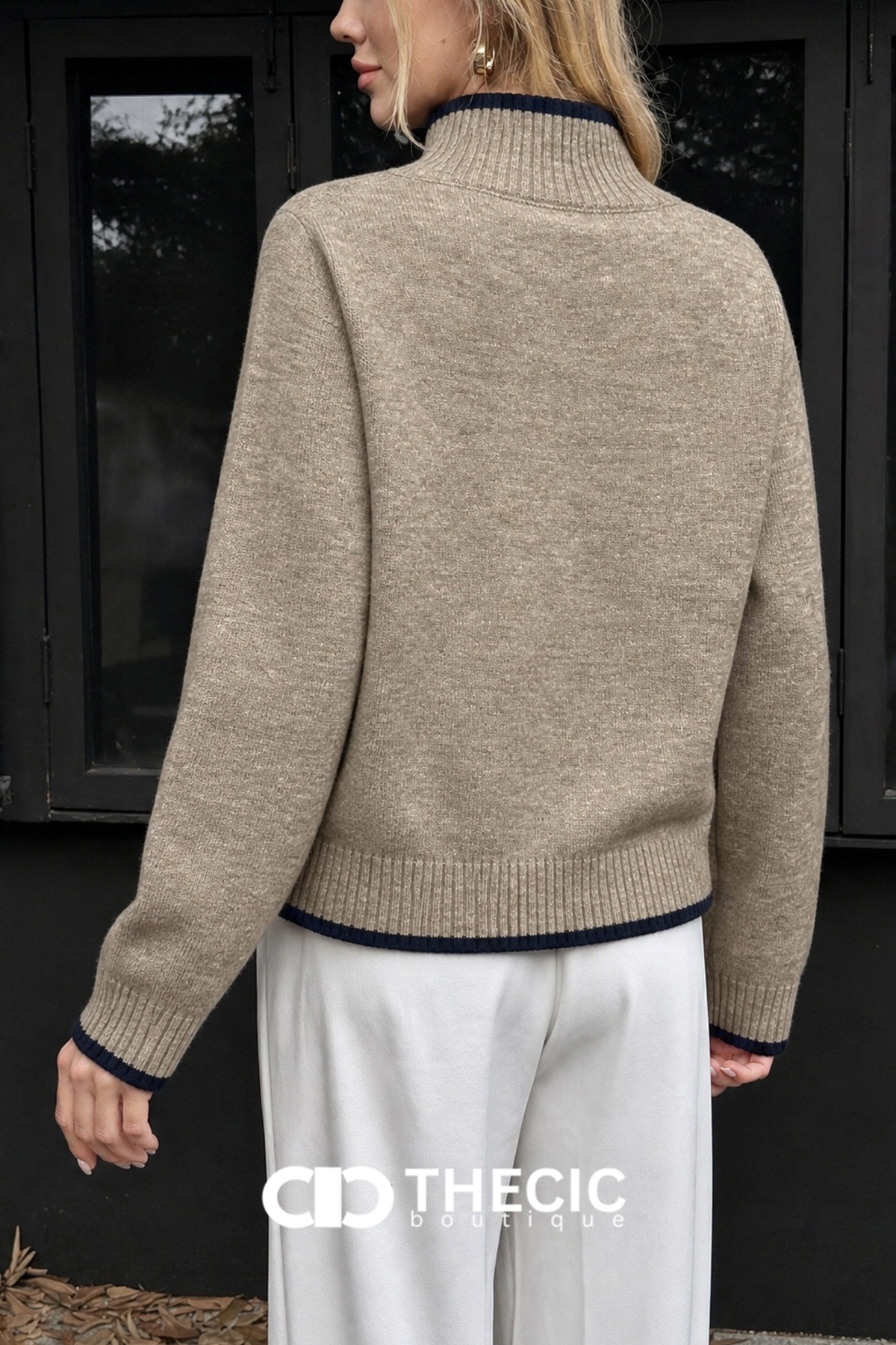 Ribbed Knit Mock Neck Contrast Trim Sweater