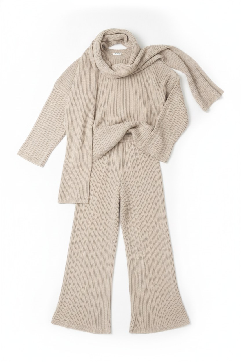 Ribbed Knit Oversized Sweater Wide-Leg Pants Scarf Set