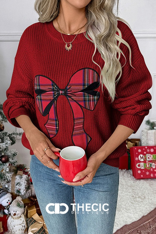 Ribbed Knit Plaid Bow Appliqué Sweater