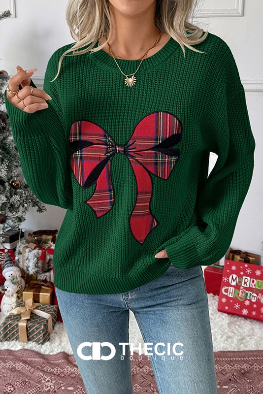 Ribbed Knit Plaid Bow Appliqué Sweater