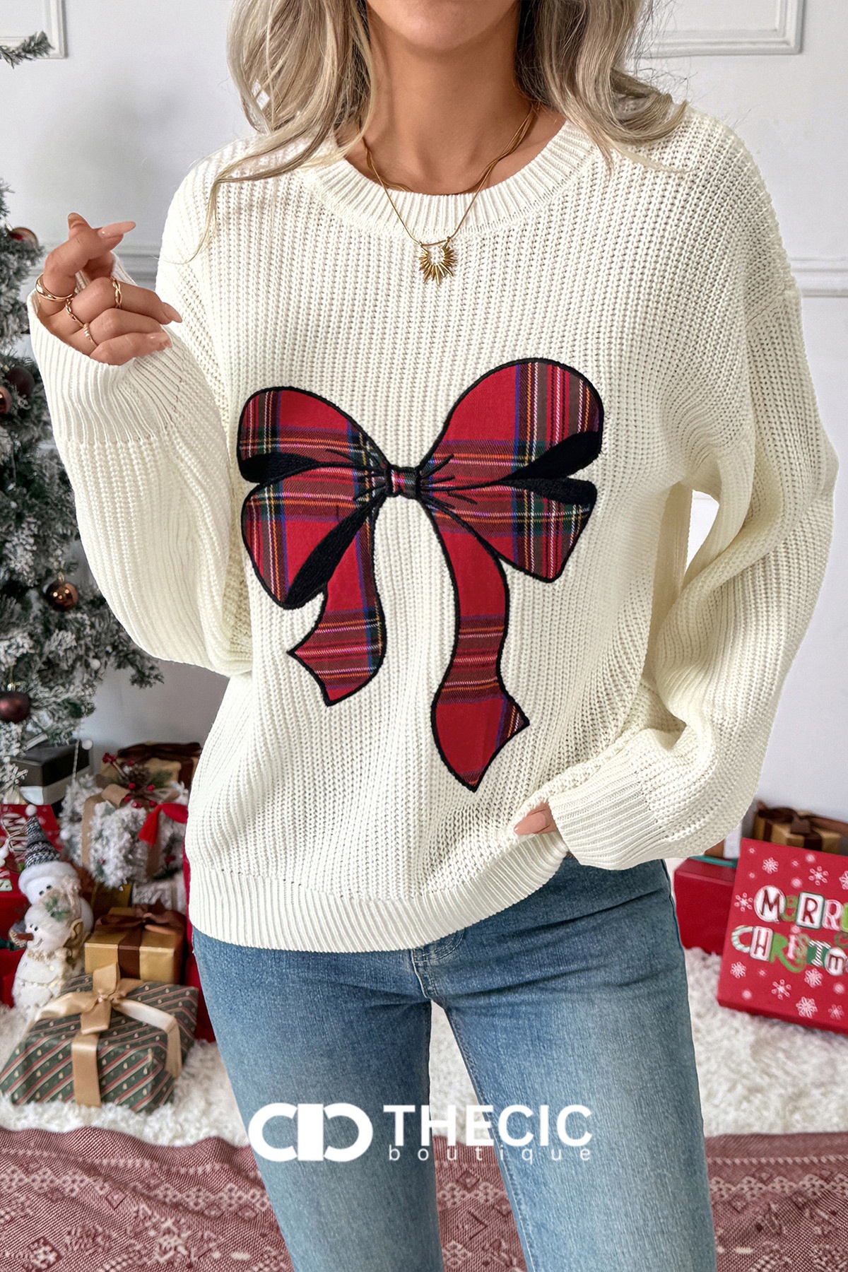 Ribbed Knit Plaid Bow Appliqué Sweater