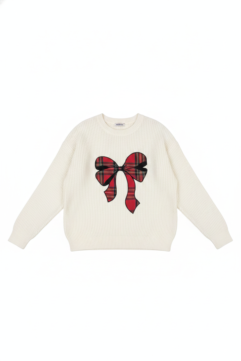 Ribbed Knit Plaid Bow Appliqué Sweater