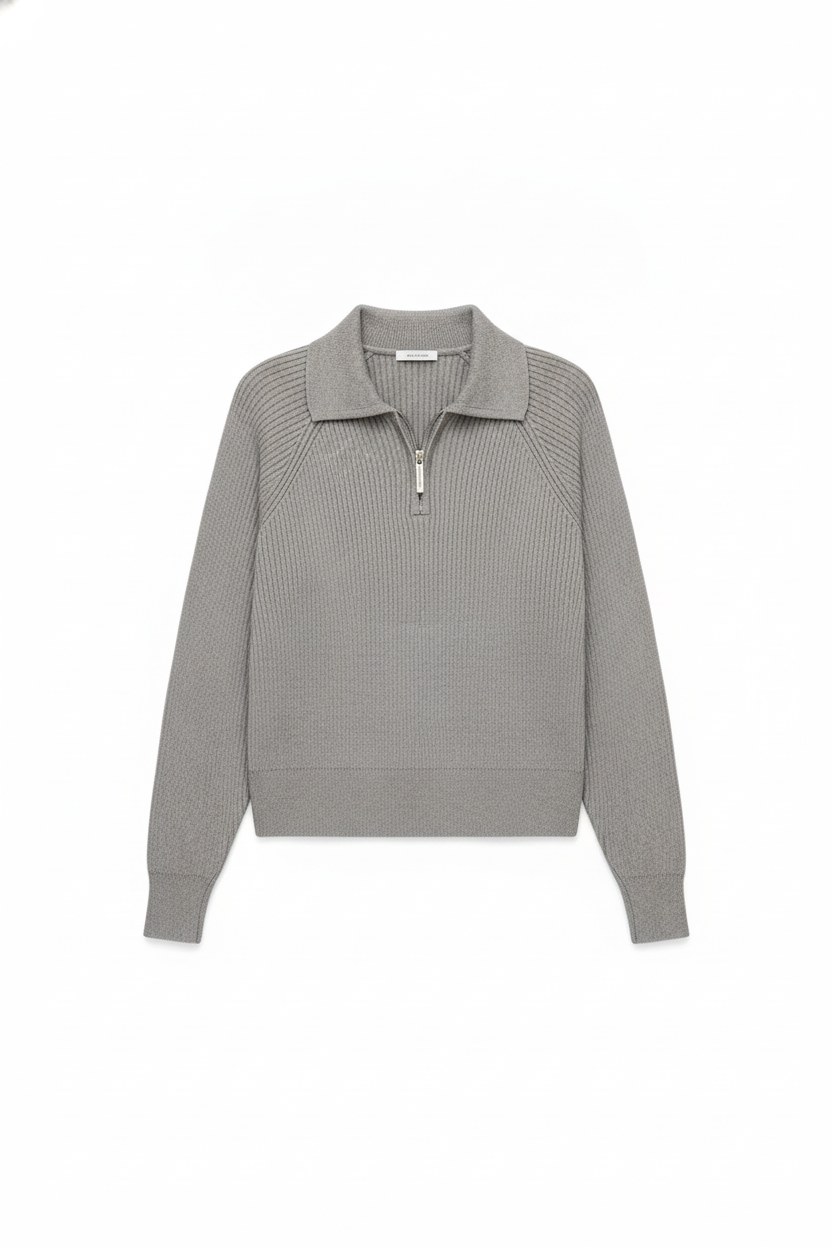 Ribbed Knit Polo Collar Quarter-Zip Sweater
