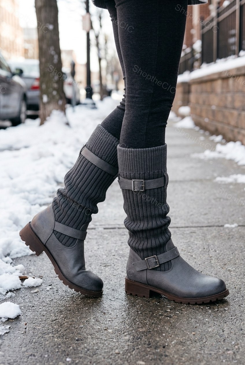 Ribbed Knit Slouch Buckle Mid-Calf Boots