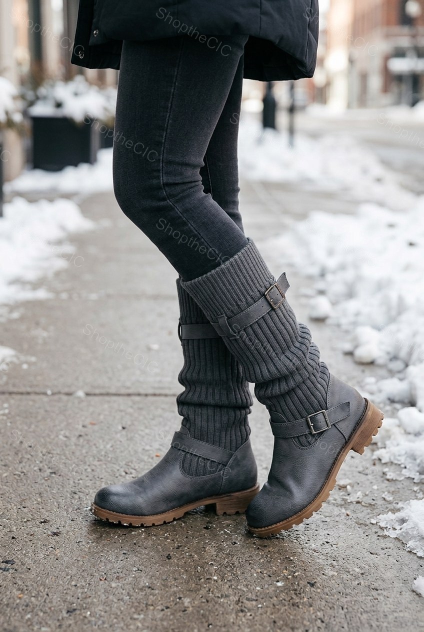 Ribbed Knit Slouch Buckle Mid-Calf Boots