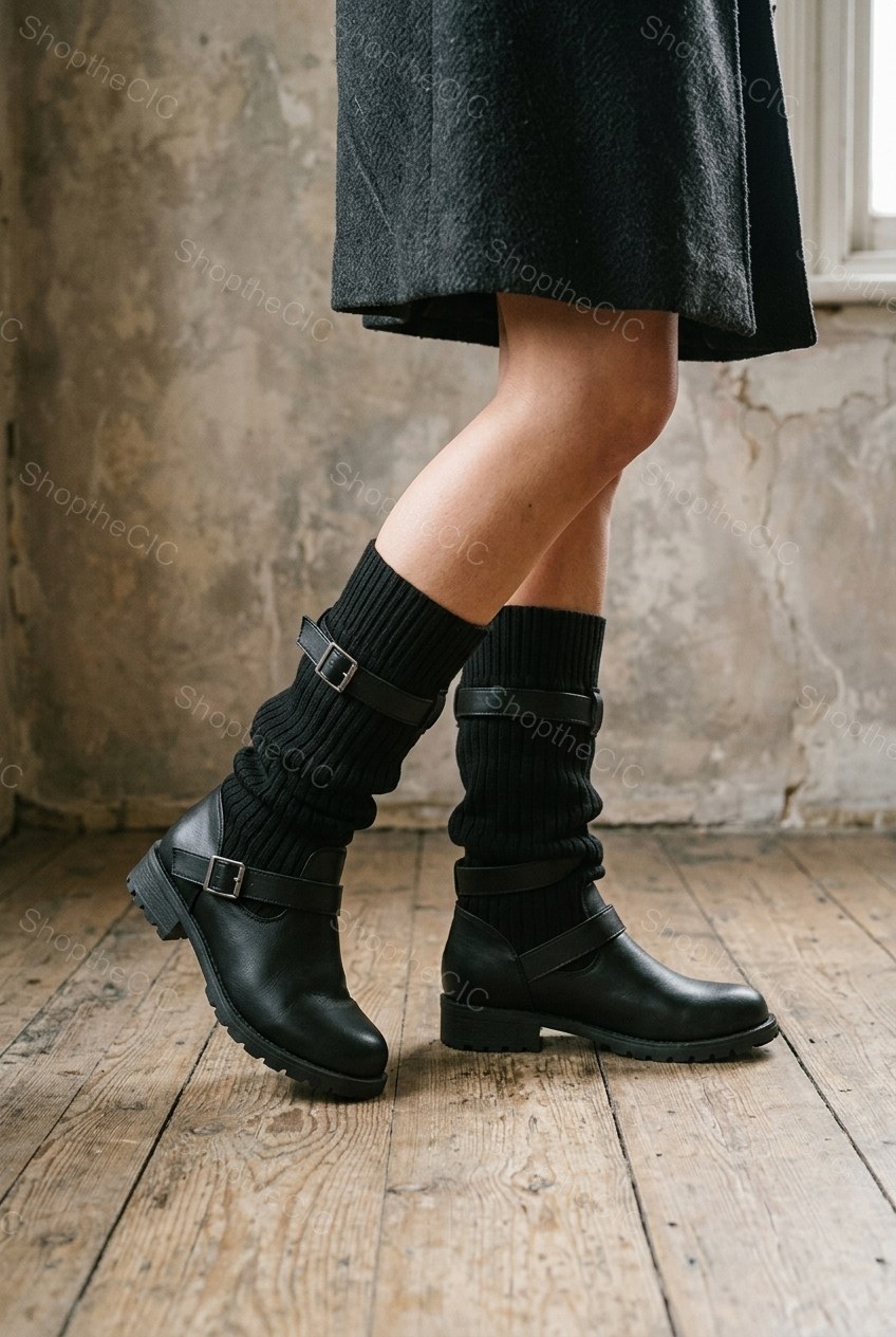 Ribbed Knit Slouch Buckle Mid-Calf Boots