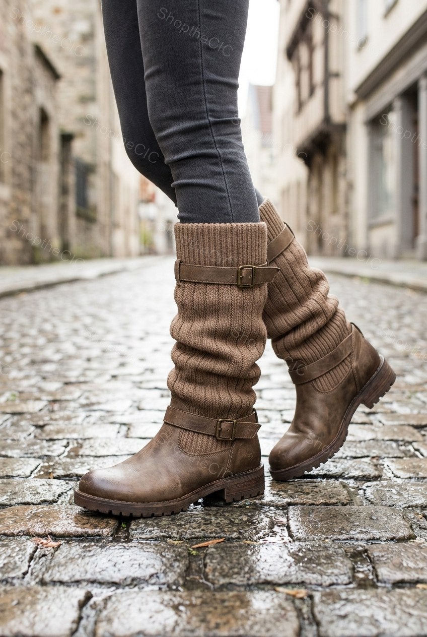 Ribbed Knit Slouch Buckle Mid-Calf Boots