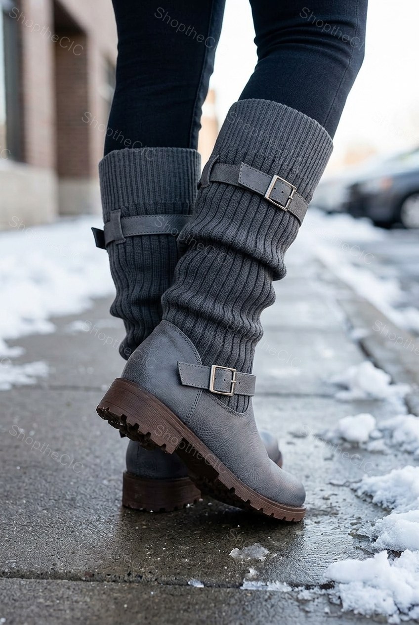 Ribbed Knit Slouch Buckle Mid-Calf Boots