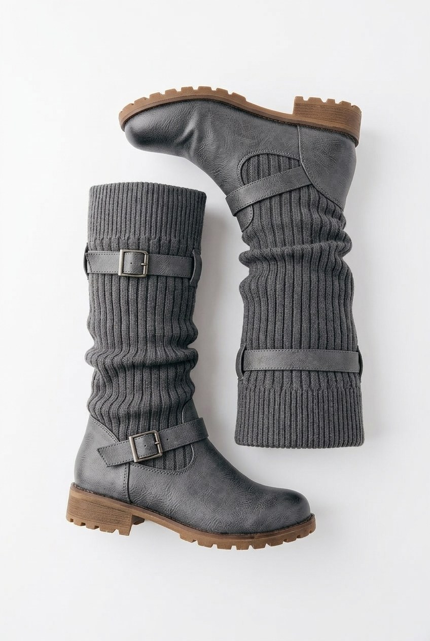 Ribbed Knit Slouch Buckle Mid-Calf Boots