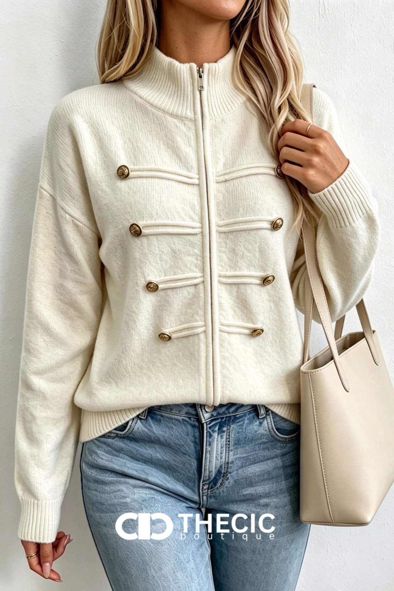 Ribbed Knit Stand Collar Military Button Jacket