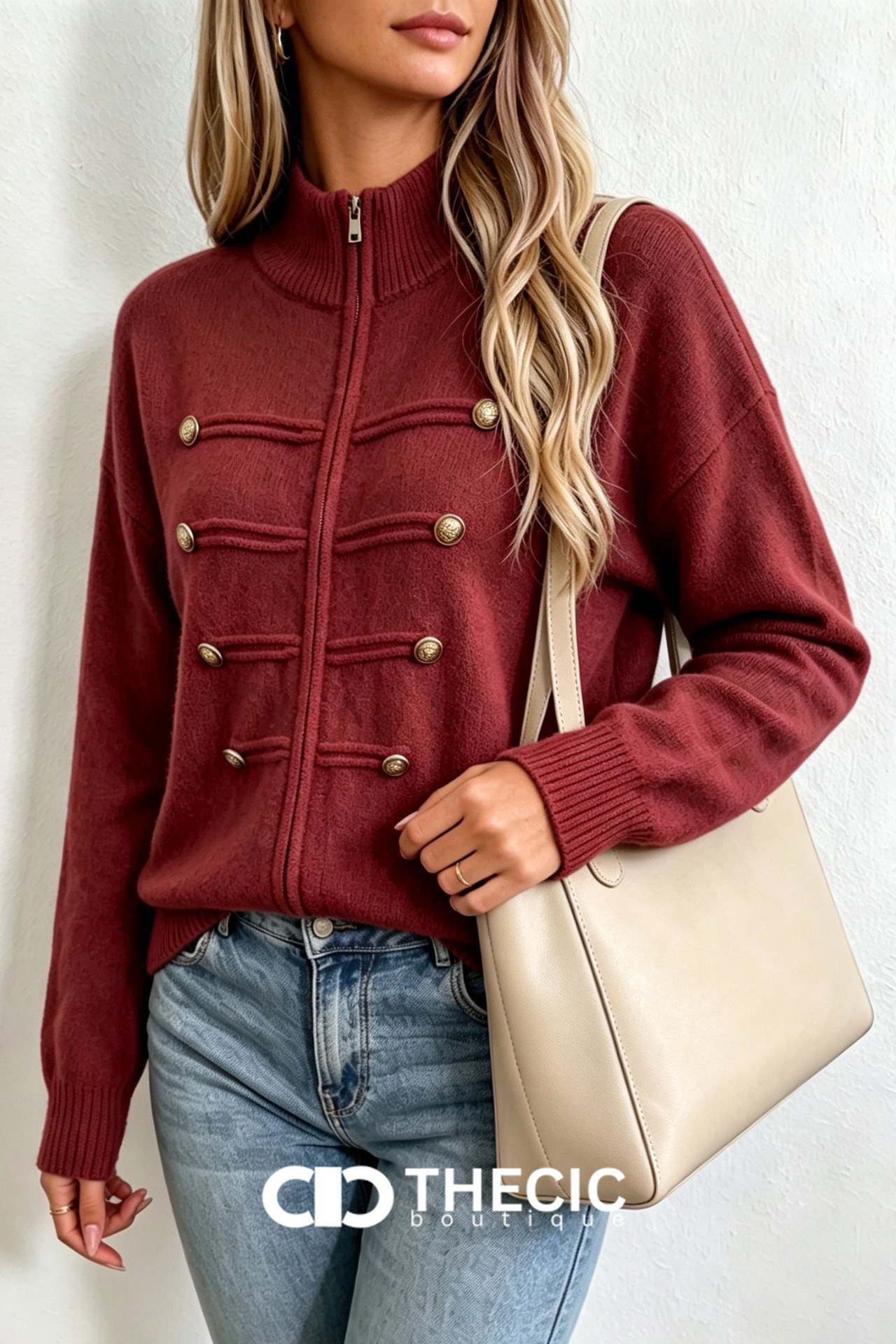 Ribbed Knit Stand Collar Military Button Jacket