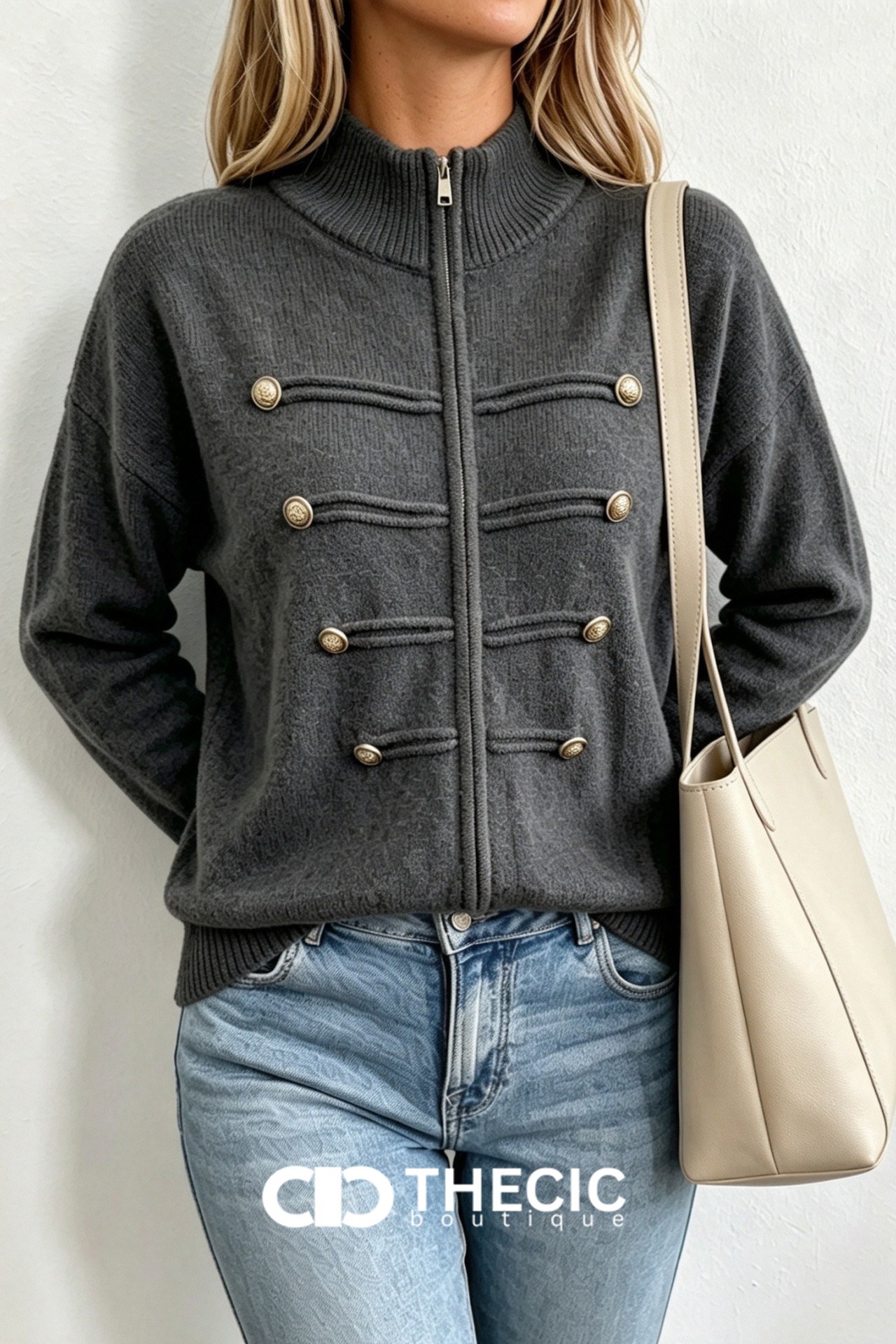 Ribbed Knit Stand Collar Military Button Jacket