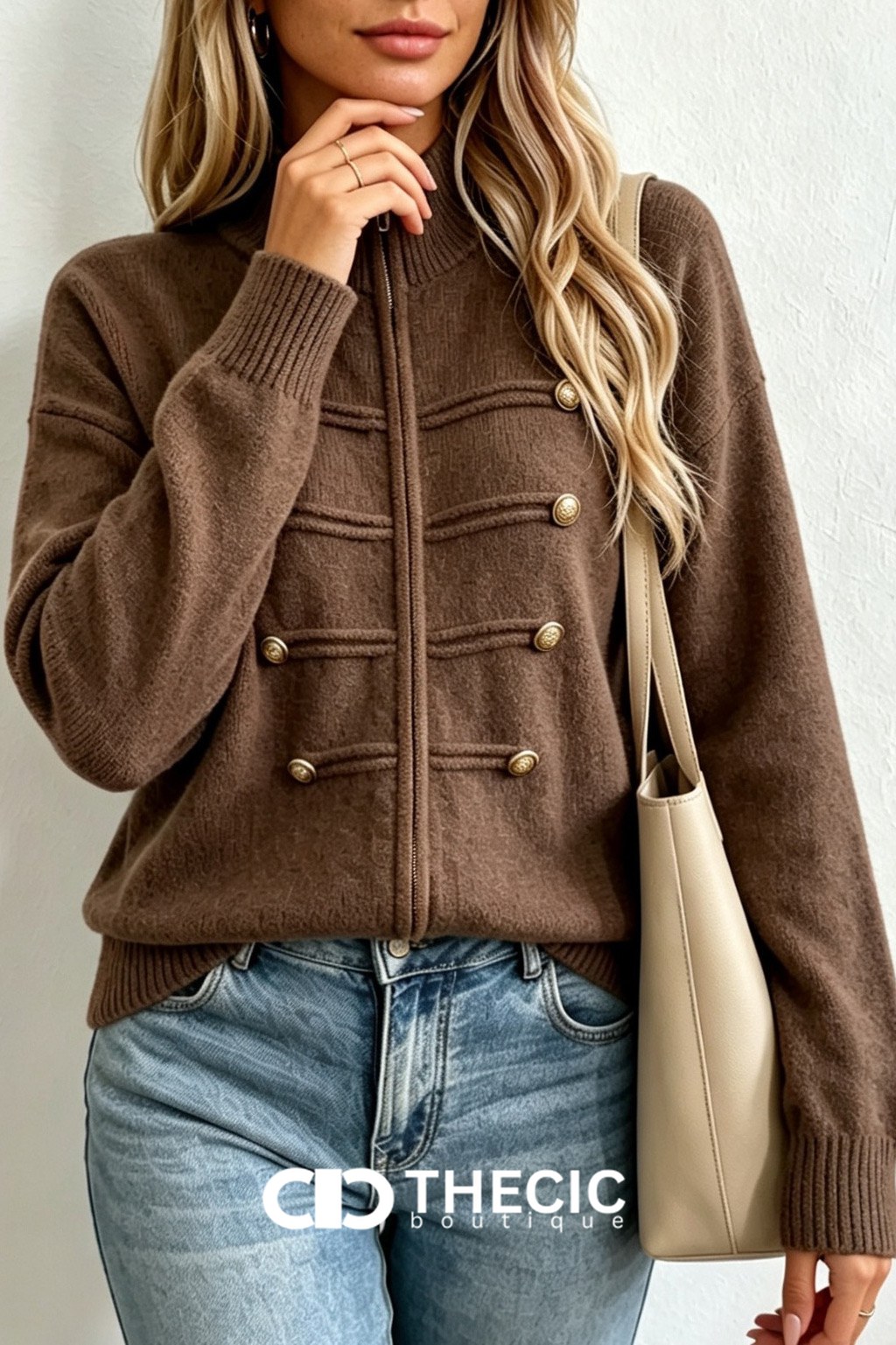 Ribbed Knit Stand Collar Military Button Jacket
