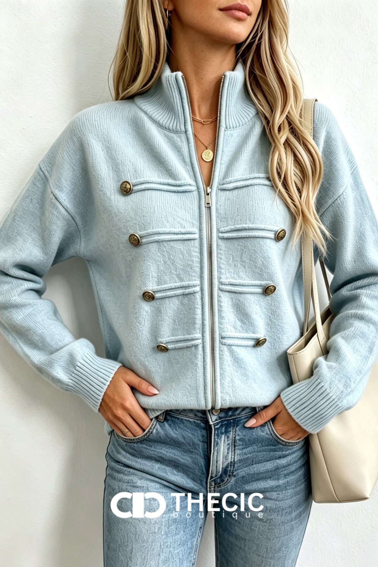 Ribbed Knit Stand Collar Military Button Jacket
