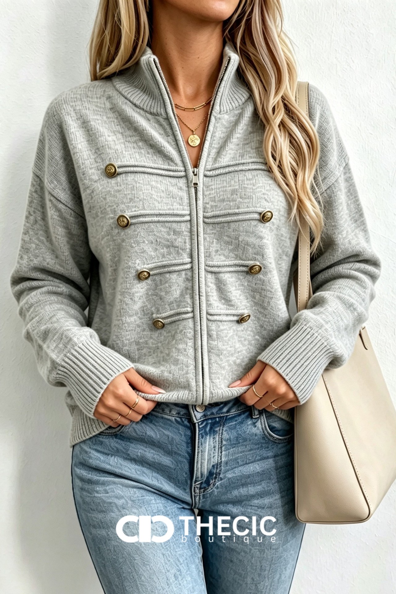 Ribbed Knit Stand Collar Military Button Jacket