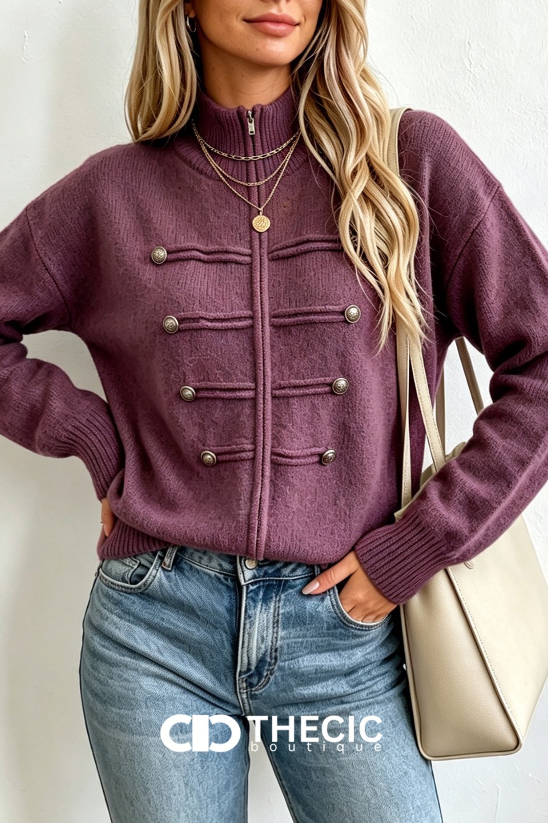 Ribbed Knit Stand Collar Military Button Jacket