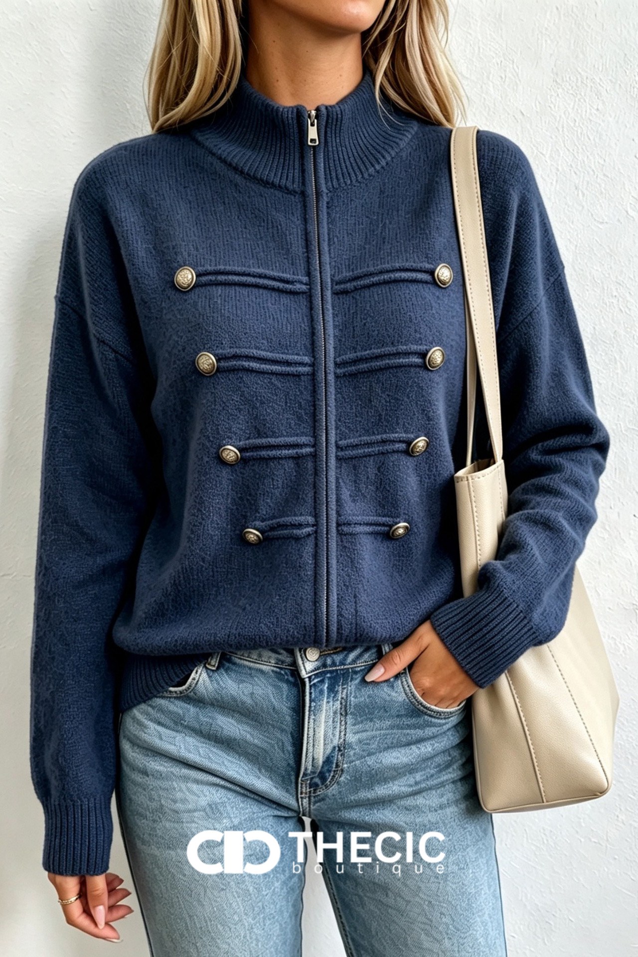 Ribbed Knit Stand Collar Military Button Jacket