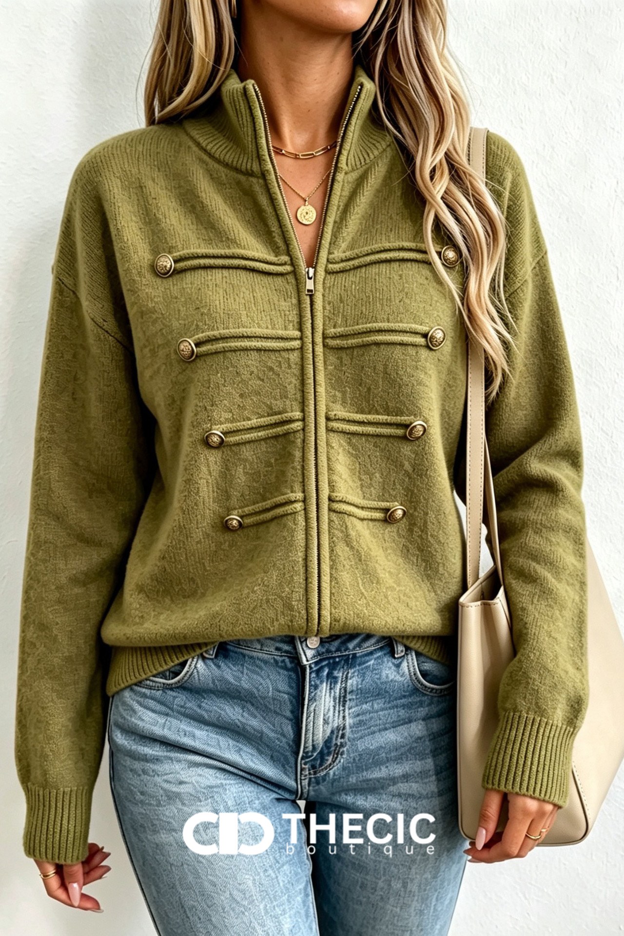 Ribbed Knit Stand Collar Military Button Jacket