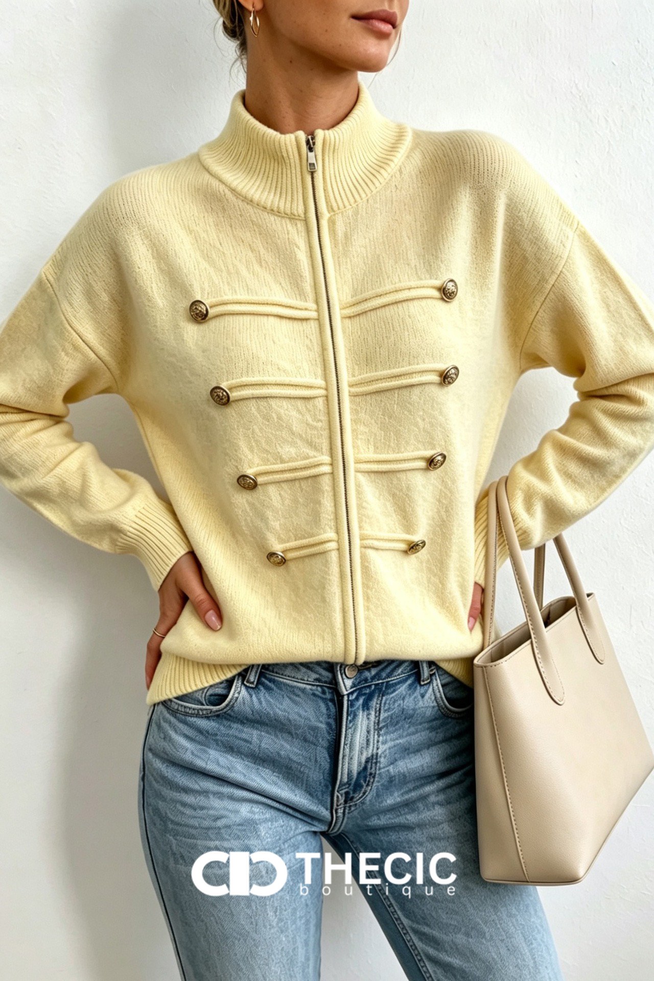 Ribbed Knit Stand Collar Military Button Jacket