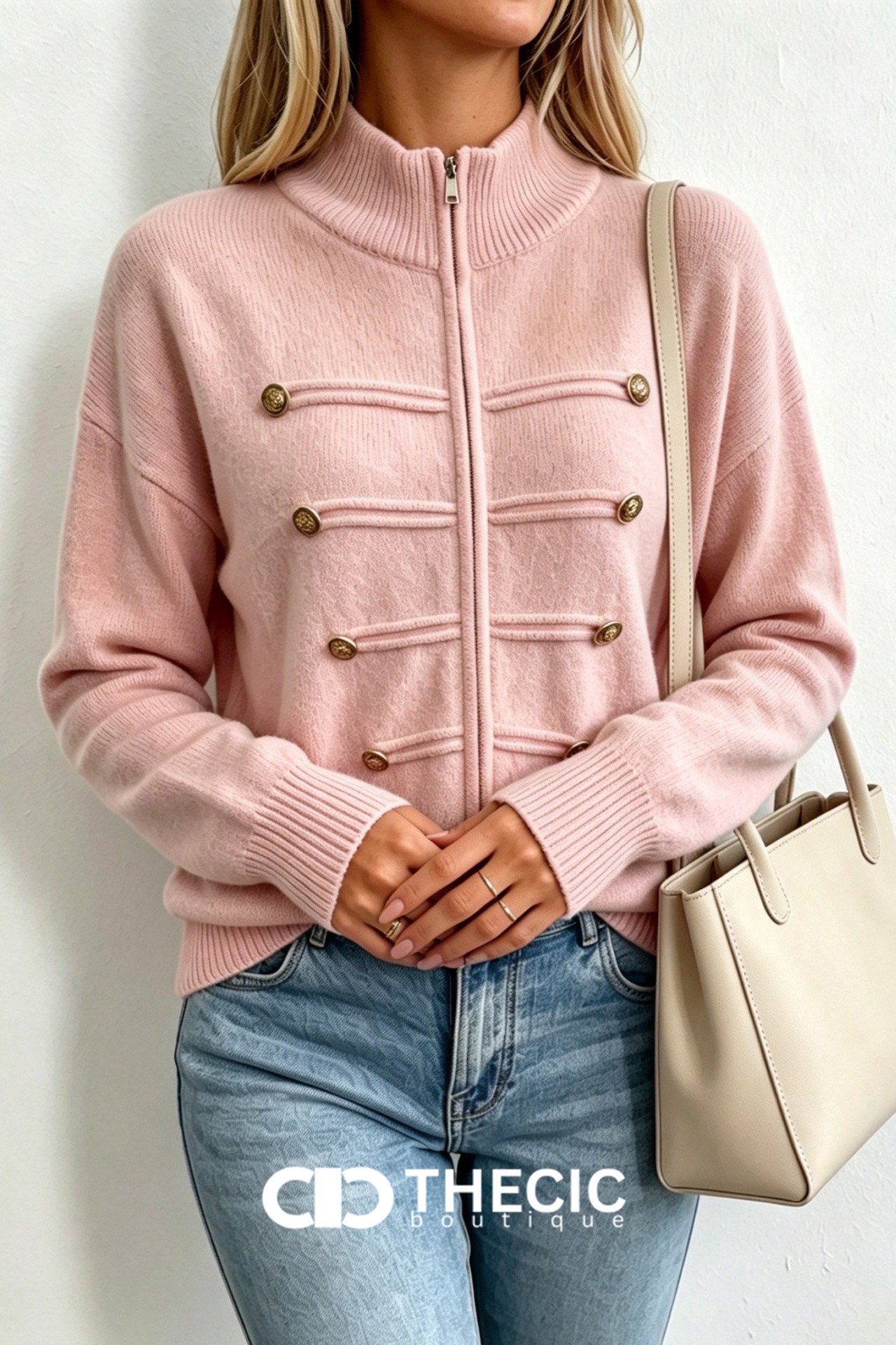 Ribbed Knit Stand Collar Military Button Jacket