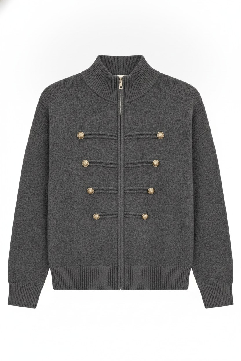 Ribbed Knit Stand Collar Military Button Jacket