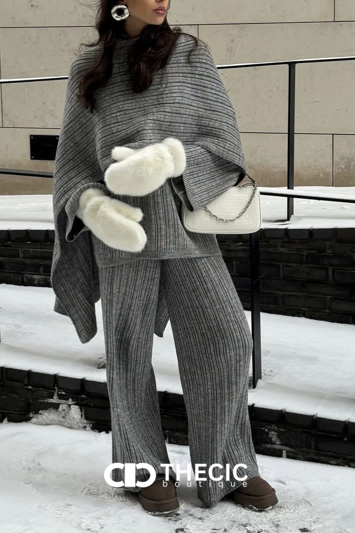 Ribbed Knit Oversized Sweater Wide-Leg Pants Scarf Set