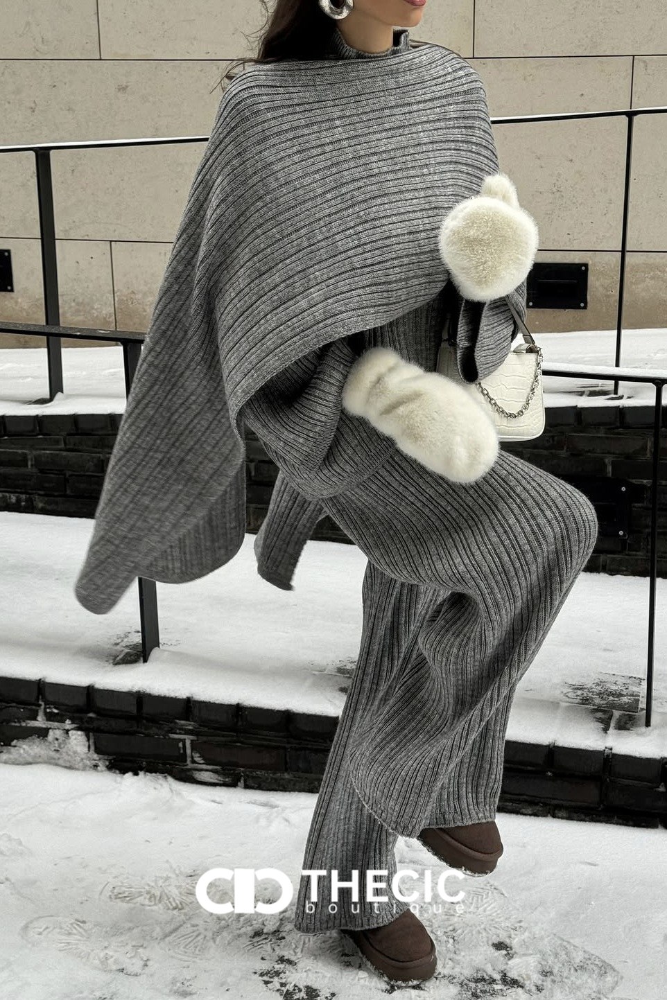 Ribbed Knit Oversized Sweater Wide-Leg Pants Scarf Set