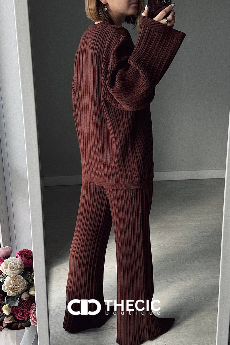 Ribbed Knit Oversized Sweater Wide-Leg Pants Scarf Set