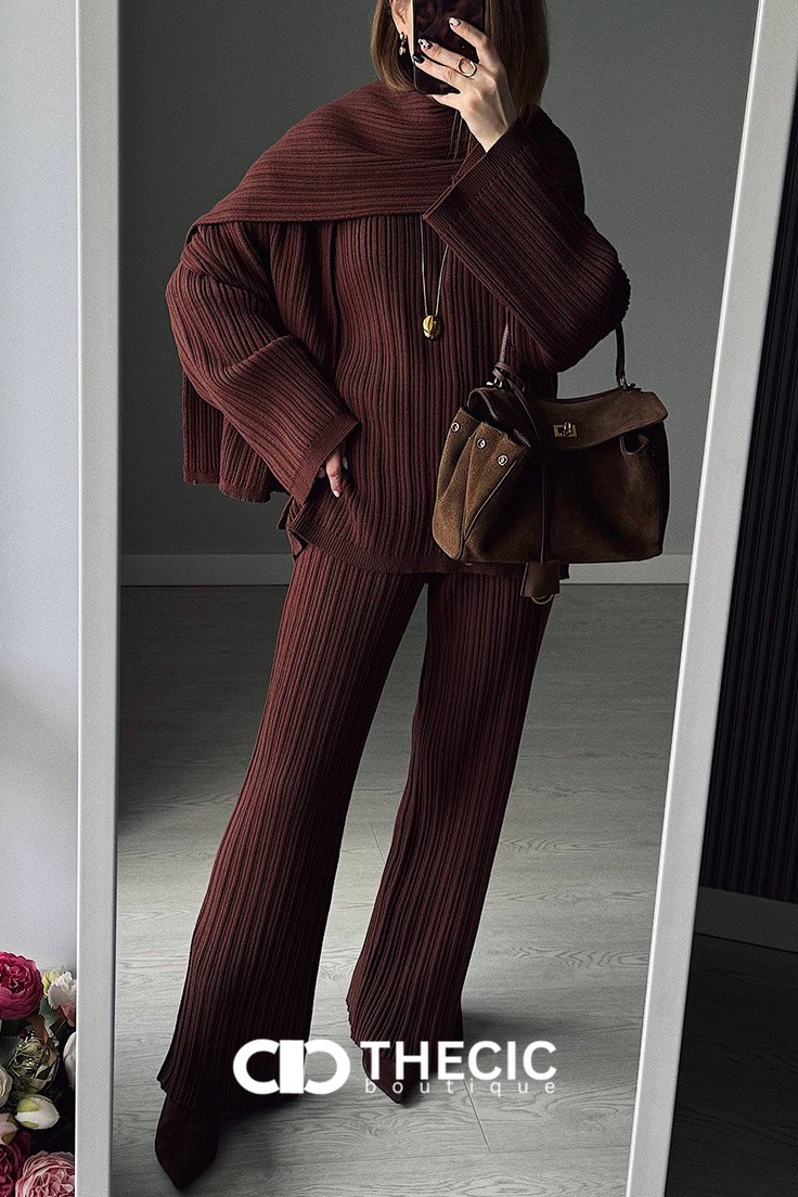 Ribbed Knit Oversized Sweater Wide-Leg Pants Scarf Set