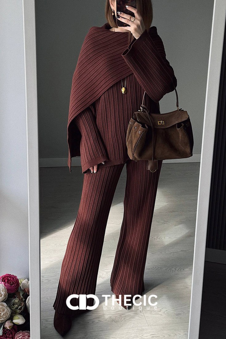 Ribbed Knit Oversized Sweater Wide-Leg Pants Scarf Set