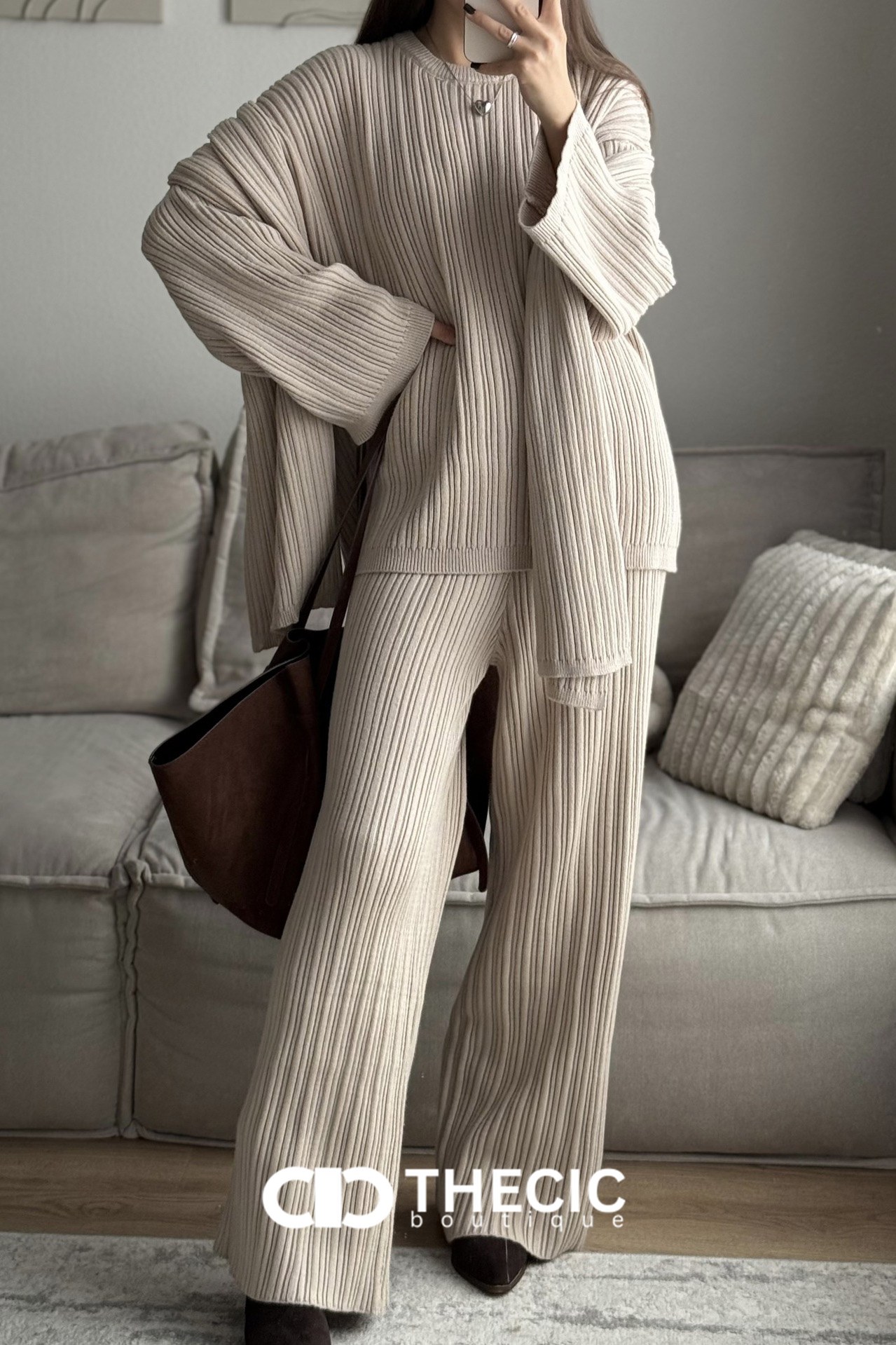 Ribbed Knit Oversized Sweater Wide-Leg Pants Scarf Set