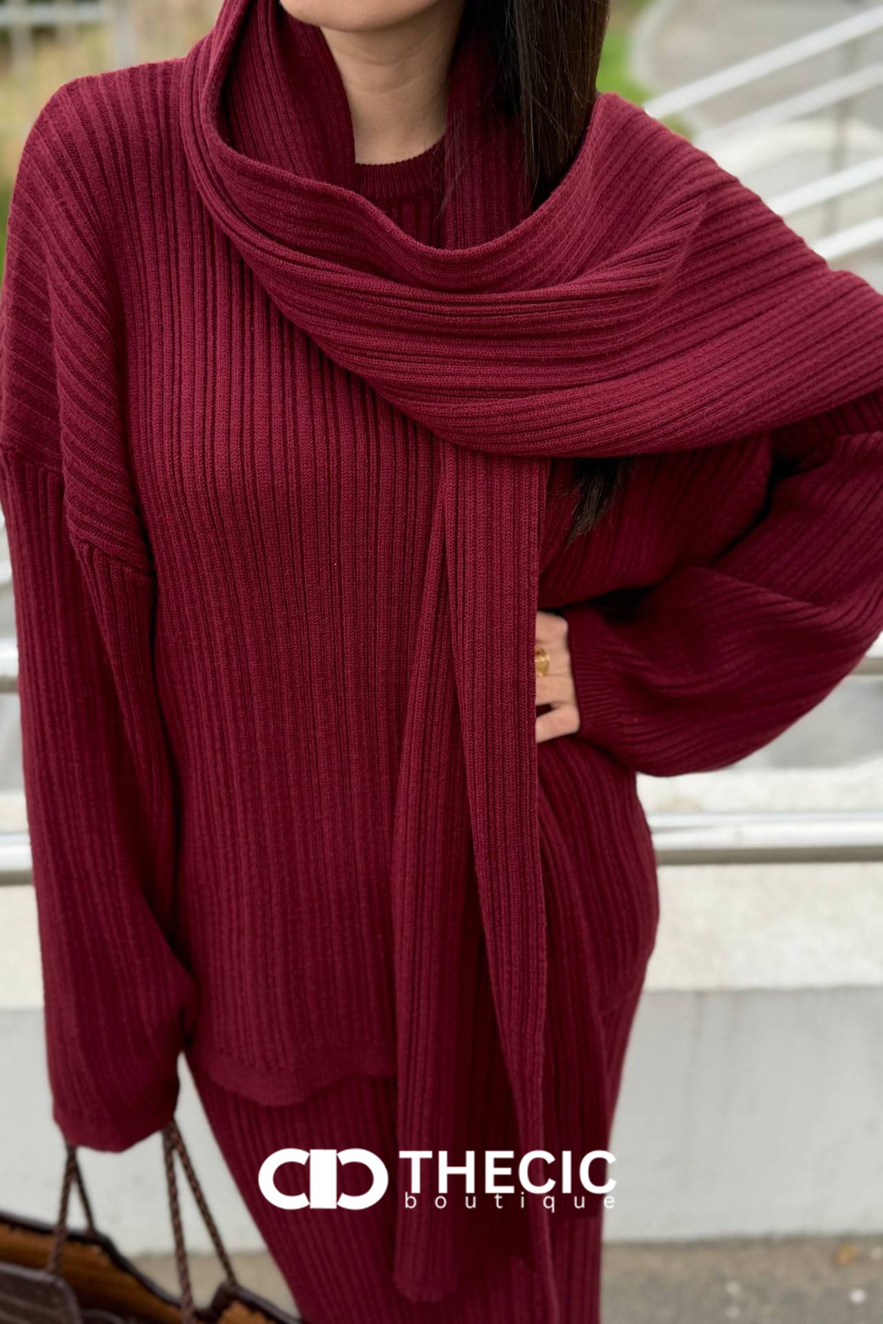 Ribbed Knit Oversized Sweater Wide-Leg Pants Scarf Set