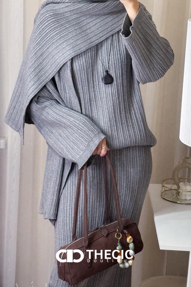 Ribbed Knit Oversized Sweater Wide-Leg Pants Scarf Set