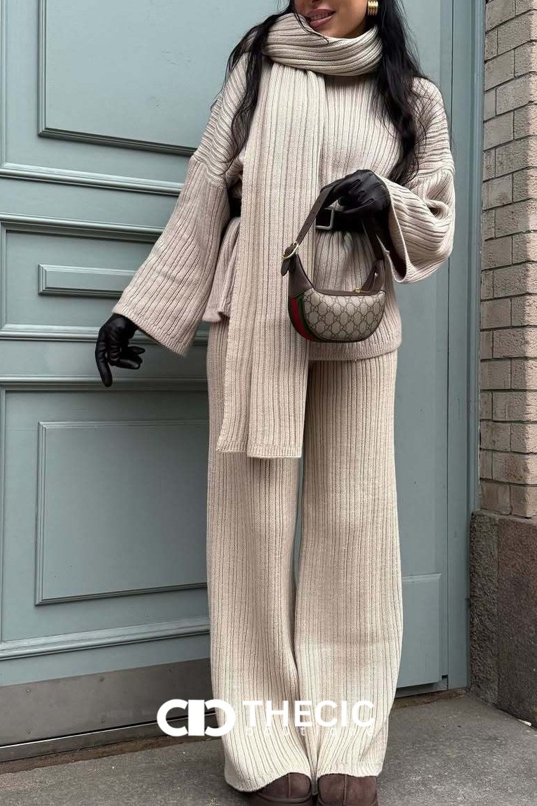 Ribbed Knit Oversized Sweater Wide-Leg Pants Scarf Set