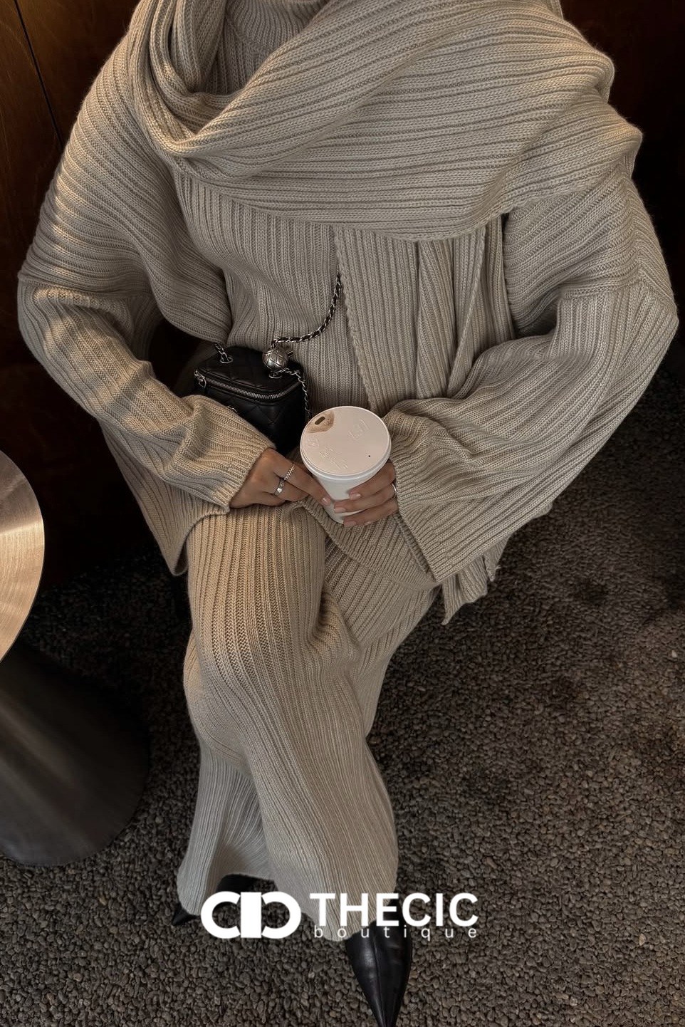 Ribbed Knit Oversized Sweater Wide-Leg Pants Scarf Set