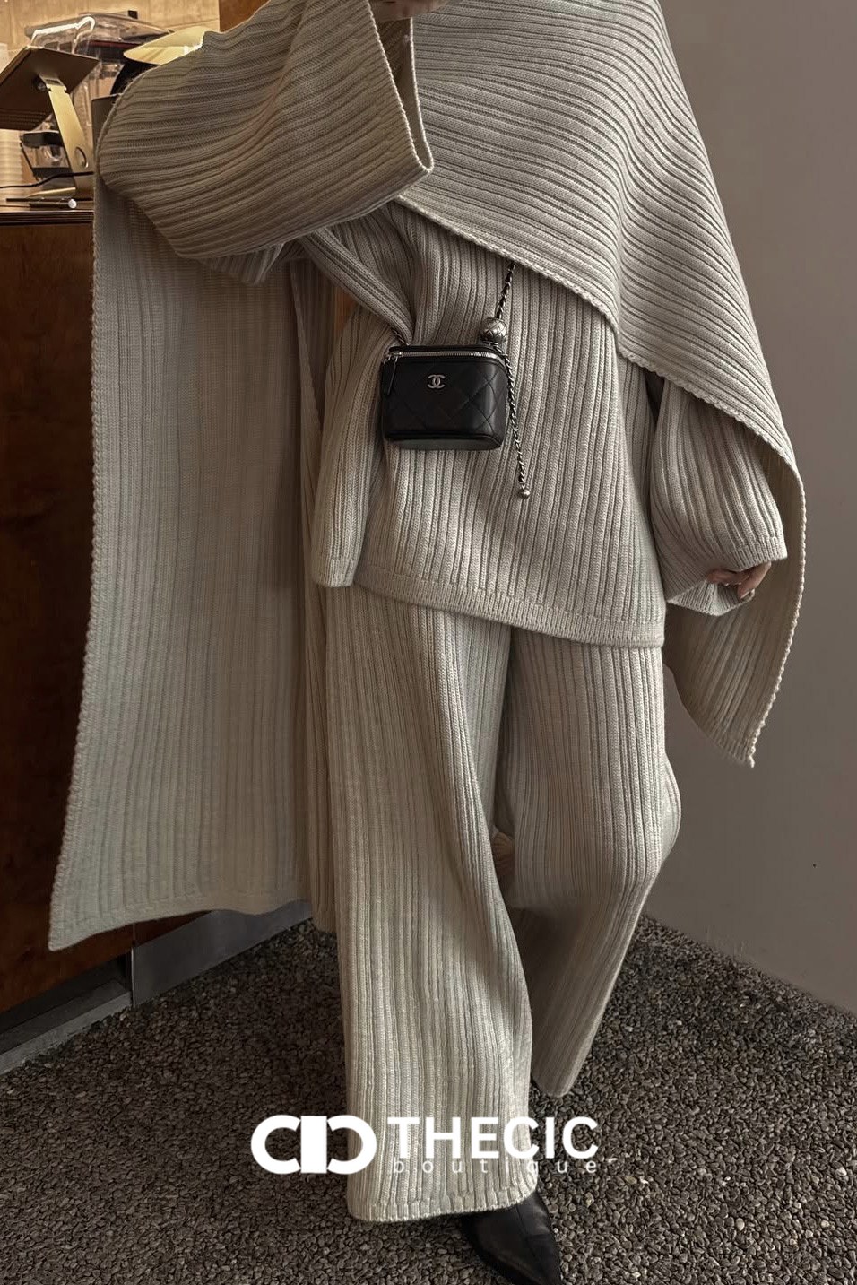 Ribbed Knit Oversized Sweater Wide-Leg Pants Scarf Set