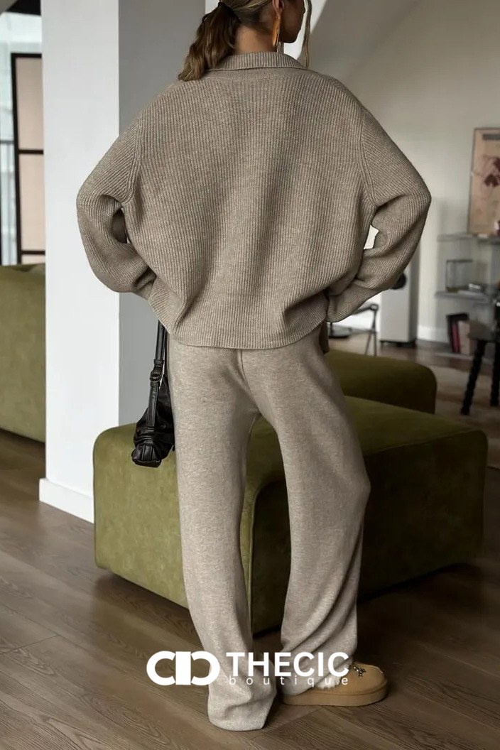 Ribbed Knit Full-Zip Collared Top & Wide-Leg Pants Set