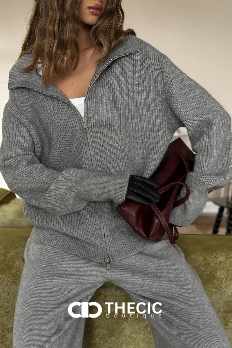 Ribbed Knit Full-Zip Collared Top & Wide-Leg Pants Set