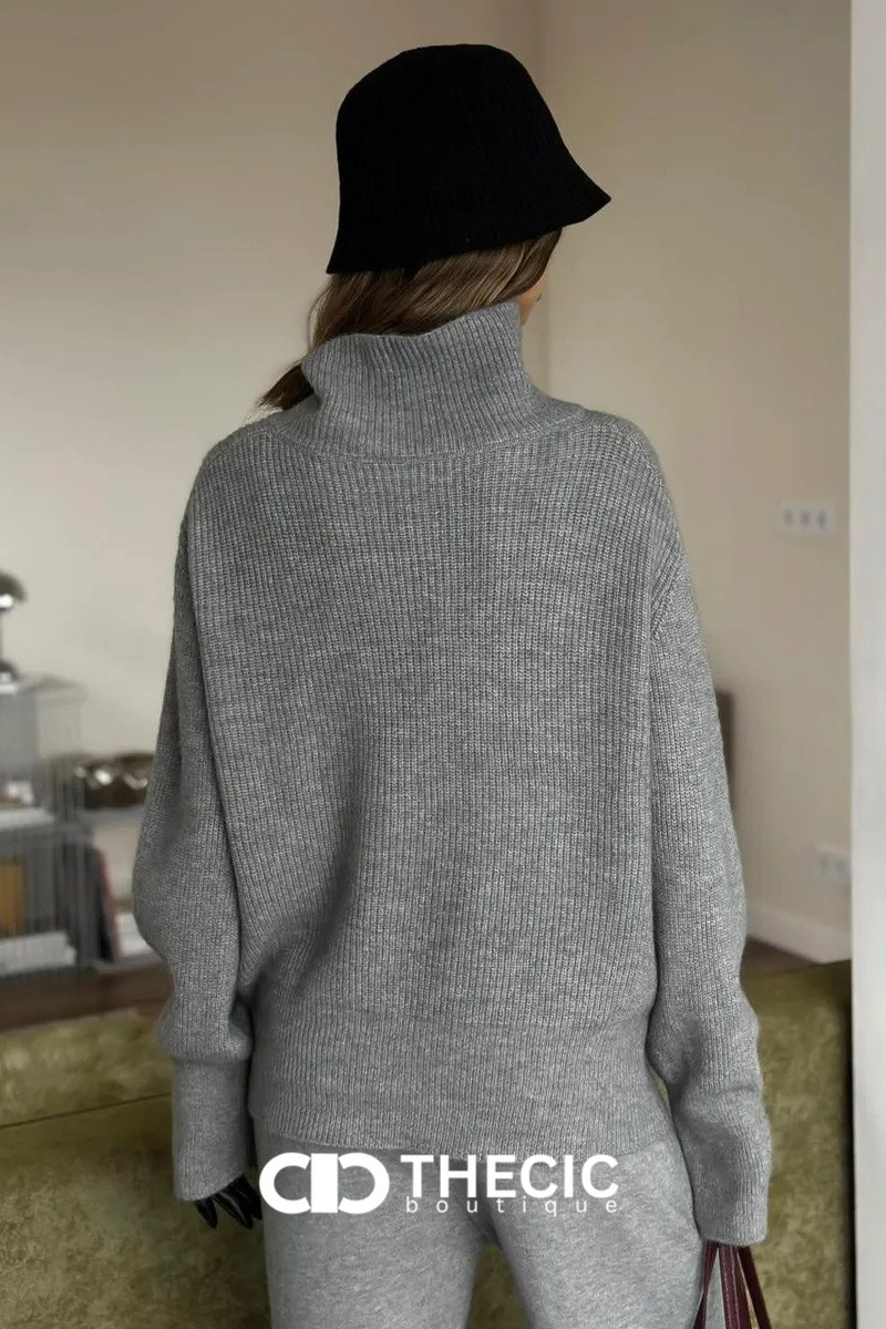 Ribbed Knit Full-Zip Collared Top & Wide-Leg Pants Set