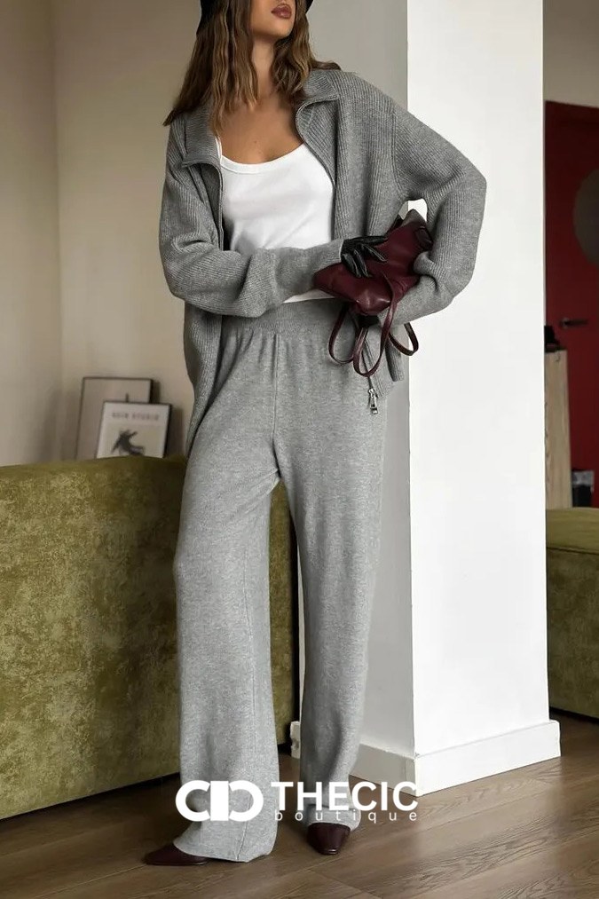 Ribbed Knit Full-Zip Collared Top & Wide-Leg Pants Set