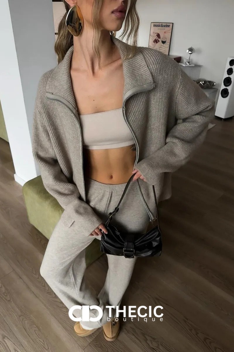 Ribbed Knit Full-Zip Collared Top & Wide-Leg Pants Set