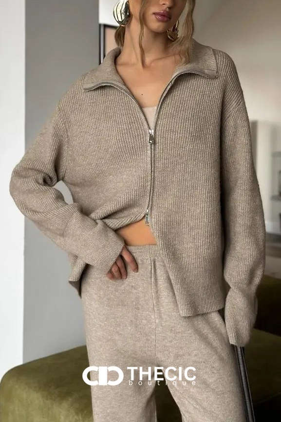 Ribbed Knit Full-Zip Collared Top & Wide-Leg Pants Set