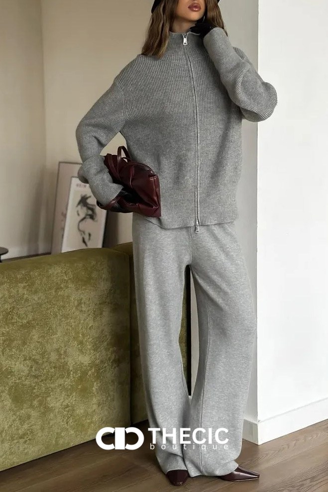 Ribbed Knit Full-Zip Collared Top & Wide-Leg Pants Set