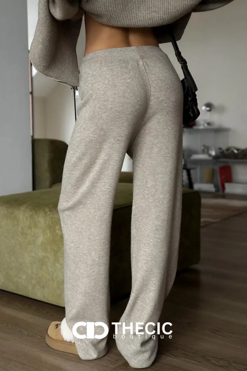 Ribbed Knit Full-Zip Collared Top & Wide-Leg Pants Set