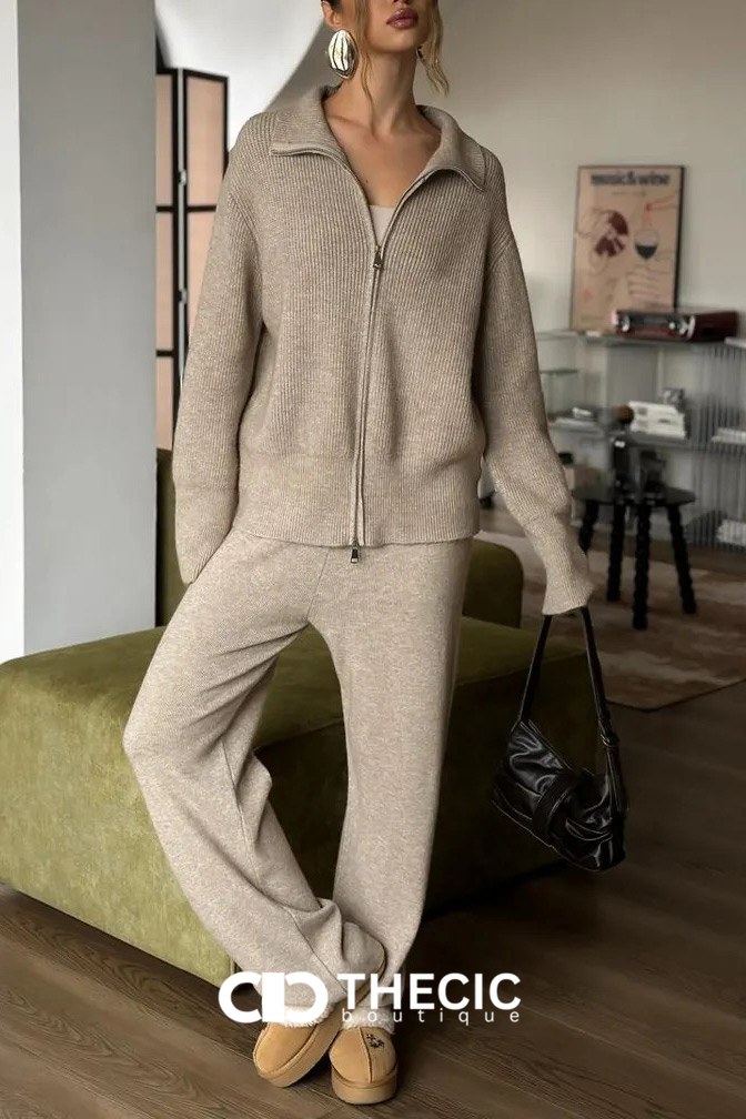 Ribbed Knit Full-Zip Collared Top & Wide-Leg Pants Set
